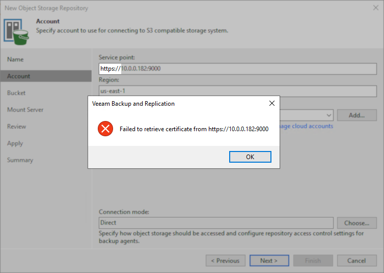 In this example, the service point URL has been updated to use https. Still, because the S3-comptiable storage isn't configured to use a security certificate, there isn't one for Veeam Backup & Replication to retrieve. No Cert