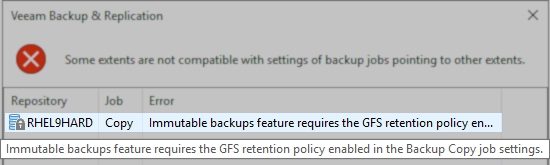 Example of error that occurs when attempting to complete migration when a Backup Copy Job does not have GFS enabled. req gfs