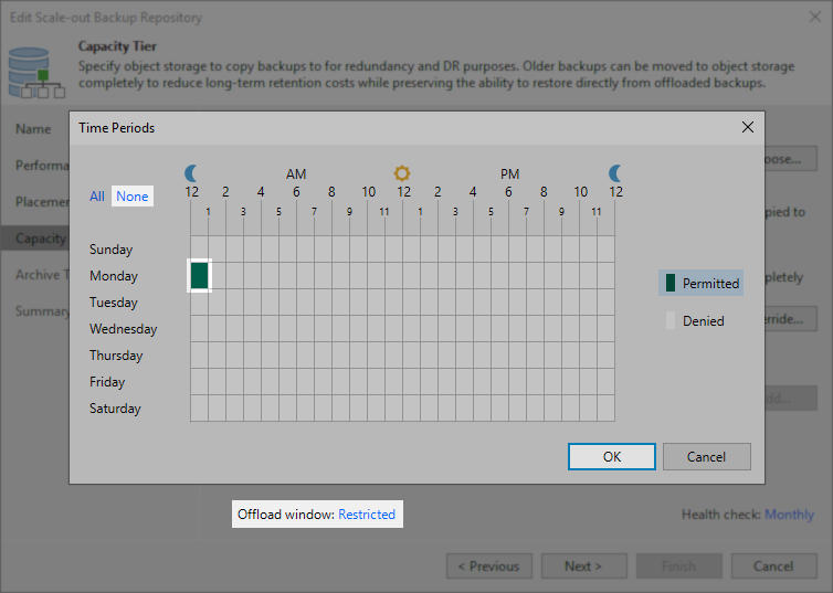 In this example, the migration is occurring on Tuesday, so the single selected window is a week out next Monday. Cap Tier Window