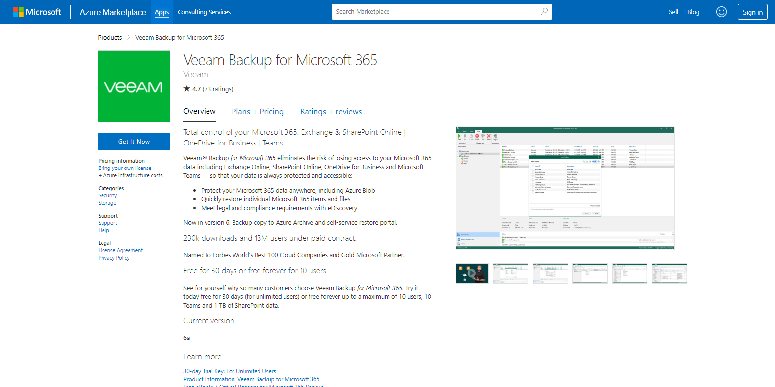 Veeam Backup for Microsoft 365は、Azure Marketplaceで仮想マシンに直接導入できます。 