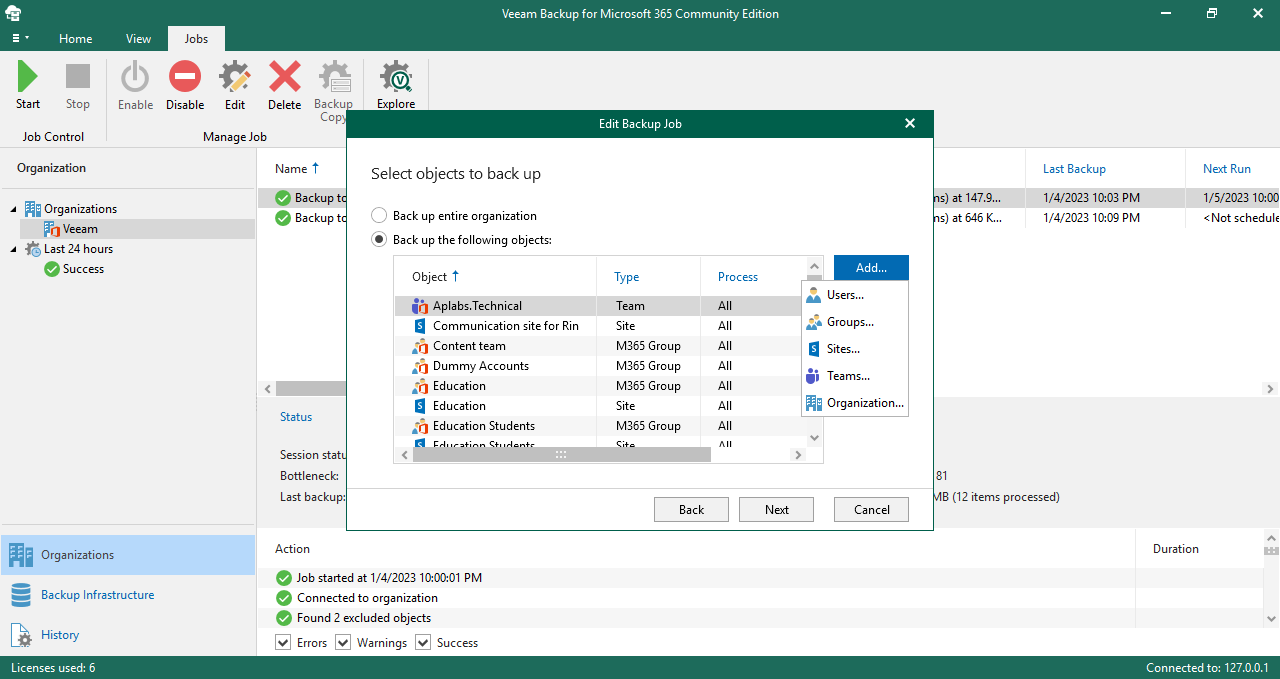 Veeam Backup for Microsoft 365なら、Exchange Online、SharePoint Online、OneDrive for Business、Microsoft Teamsのバックアップを作成できます。 