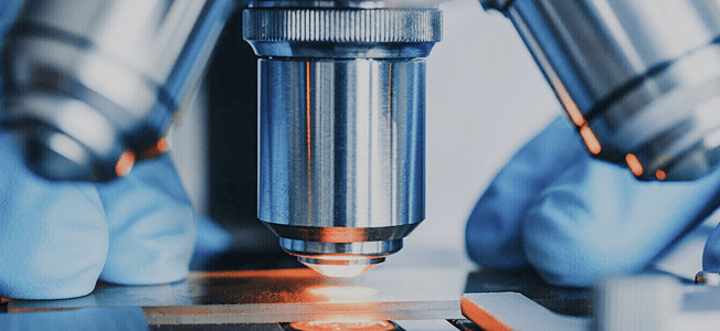 A closeup of gloved fingers holding a slide underneath a microscope