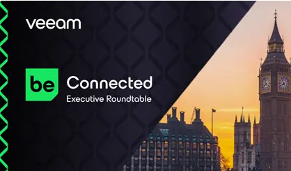 Veeam presentation slide titled “Be Connected Executive Roundtable,” showing a European city skyline at sunset, representing data sovereignty and resilience discussions in the EMEA region.