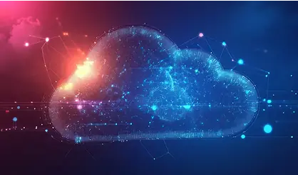 Abstract blue cloud with connected data lines and sunlight symbolizing ongoing progress and lessons learned in DORA compliance and digital resilience.