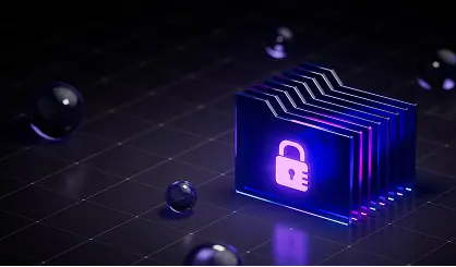 3D digital network with file icons and a sphere representing system vulnerabilities and real-time encryption during a ransomware attack.