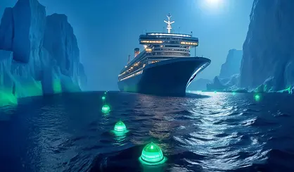 Ship sailing in water near icebergs with green lights visible