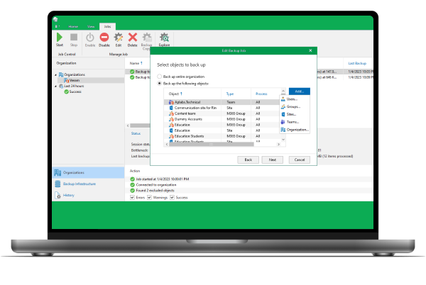 Veeam m365 software screenshot