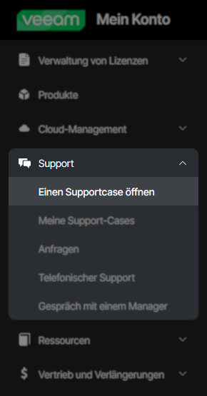 Menü Option zum Öffnen eines Cases