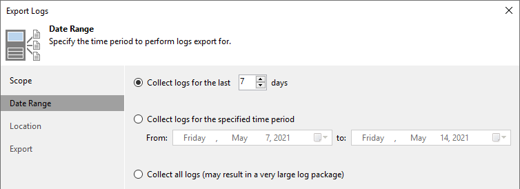 Das Bild zeigt die Optionen für den Zeitraum des Assistenten zum Export von Protokollen.