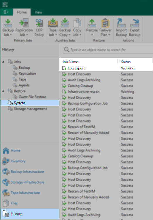Das Bild zeigt den Bereich History der Veeam Backup & Replication GUI und im rechten Bereich wird der Log Export mit Status angezeigt.