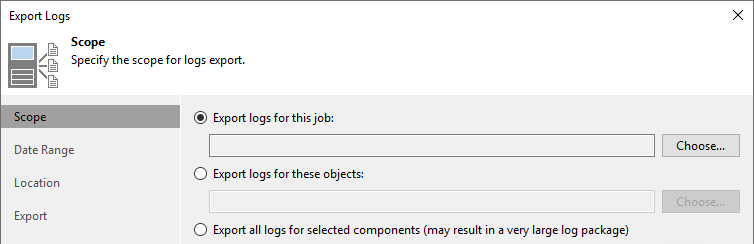 Der Screenshot zeigt die Optionen der Möglichkeiten des Assistenten zum Exportieren von Protokollen