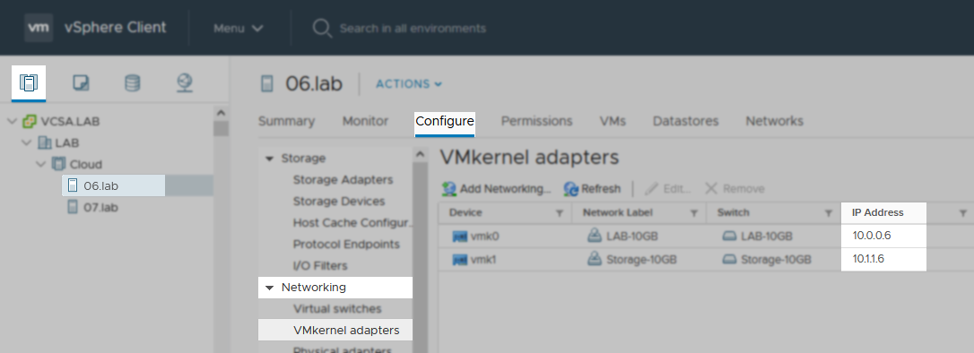 screenshot shows how to identify vmkernel port list under configure section of host in vsphere client