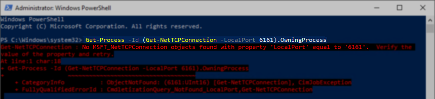 Example of output when no processe is locking port 6161