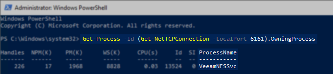 Image shows powershell output of commands above, with the process name VeeamNFSSvc highlight as associated with port 6161
