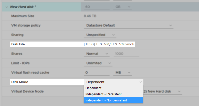 Configure the disk to be added as Independant - Nonpersistent