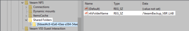 The Registry Editor shows the "Shared Folders" key under Veeam NFS. The "nfsFolderName" REG_SZ value is set to "/VeeamBackup_VBR.LAB."
