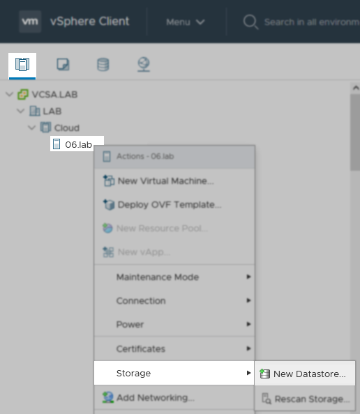 Find the host, right click it, select New Datastore