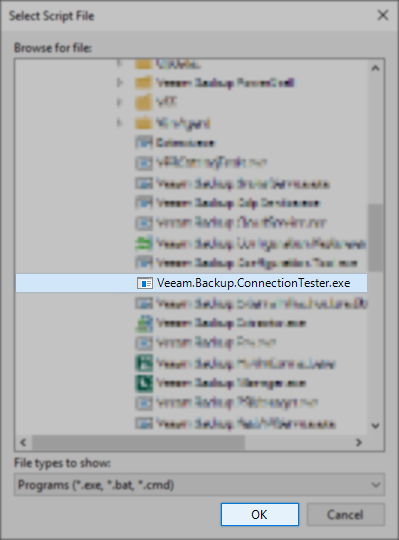 Select a file window with Veeam.Backup.ConnectionTester.exe selected