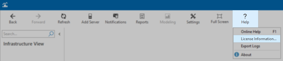 screenshot of On the toolbar, click Help and select License Information.