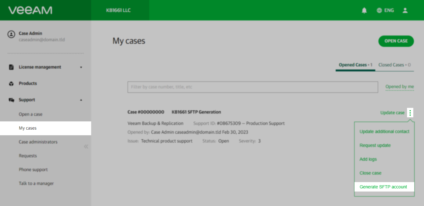 The image shows the My Cases portal view listing a support case. An arrow labeled 1 points at the three dots in the top right of the case entry next to the word Update case a menu is shown coming down and another arrow labeled 2 points to the menu option labeled "Generate SFTP Account"