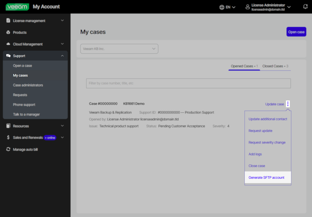 The image shows the My Cases portal view listing a support case. An arrow labeled 1 points at the three dots in the top right of the case entry next to the word Update case a menu is shown coming down and another arrow labeled 2 points to the menu option labeled "Generate SFTP Account"