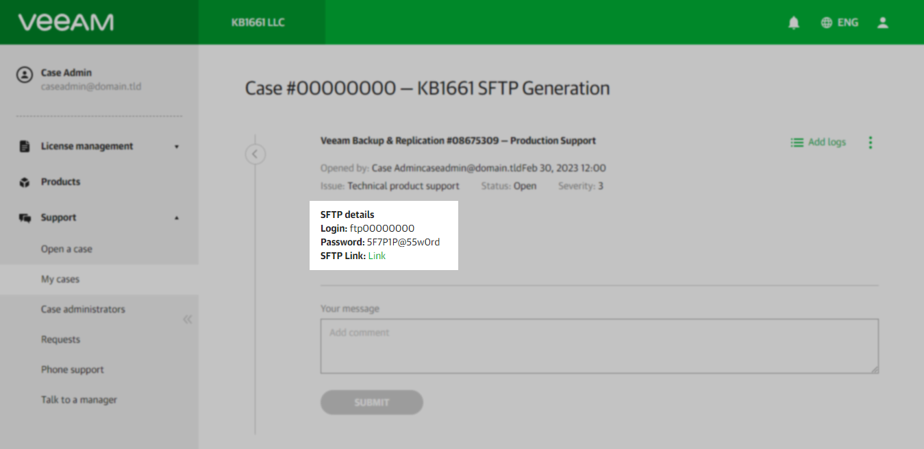 The image shows the case summary page for case, an arrow is pointing at the section on the left side side where SFTP details can be seen