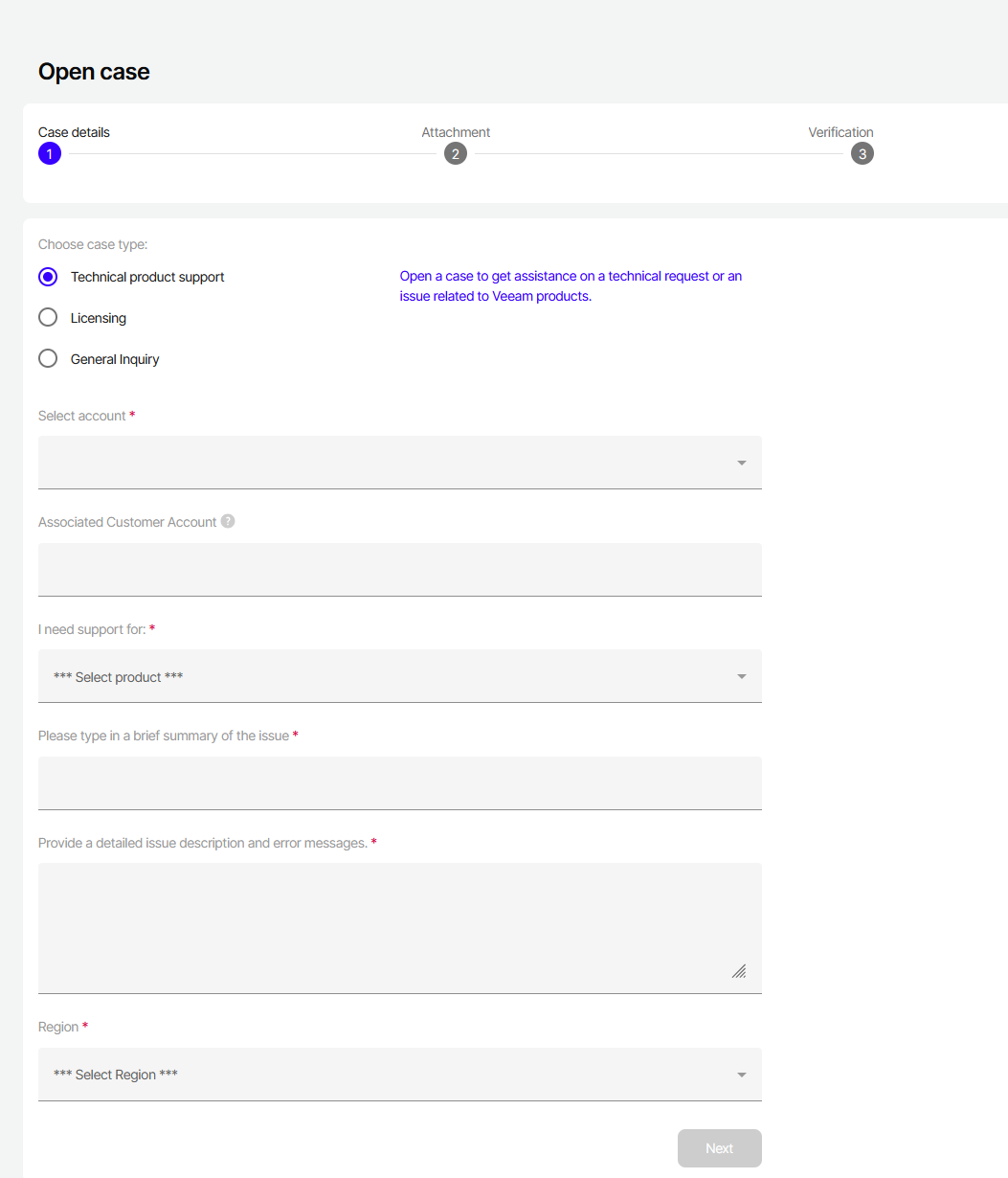 Veeam "Open case" form showing the first step, "Case details." Options to choose the case type include Technical product support (selected), Licensing, and General Inquiry. Required fields include account selection, associated customer account, product, issue summary, detailed description, and region, with a "Next" button at the bottom.