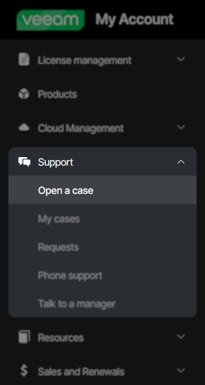 Veeam "My Account" sidebar menu with the "Support" section expanded and the "Open a case" option highlighted. Other support options include "My cases," "Requests," "Phone support," and "Talk to a manager."