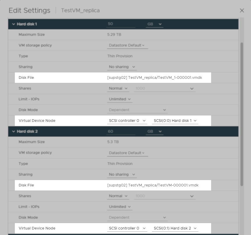 screenshot showing VM settings with disks 1 and 2 expanded to show their disk path and associated scsi ID