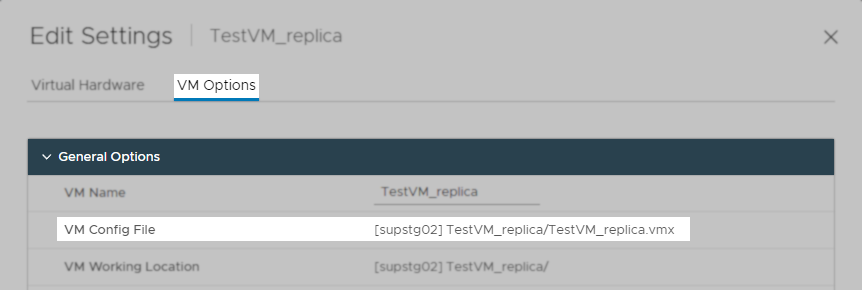 Screenshto of VM configuration location in VM Options tab of VM settings.