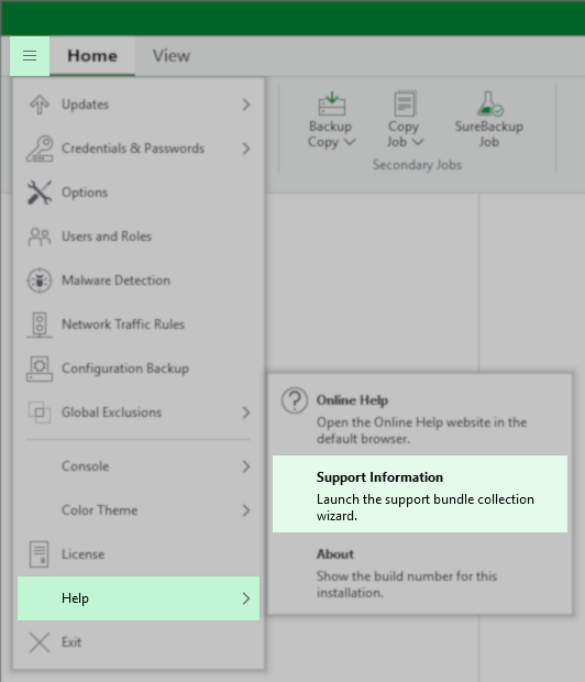 The image shows the main menu of Veeam Backup & Replication opened and the Help section expanded, a mouse hovers over the Support Information menu option.