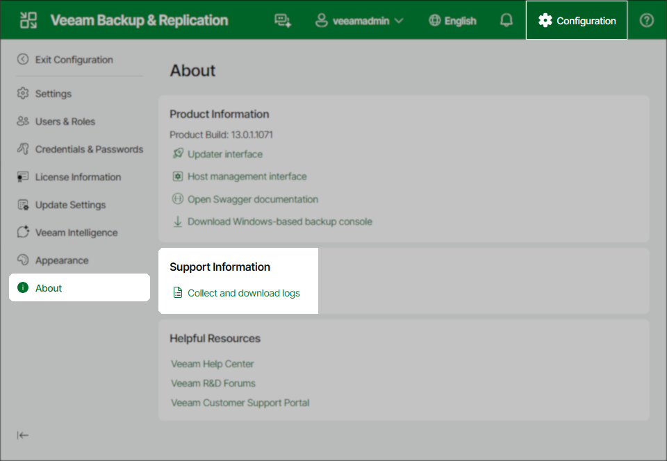 The About page of the Veeam Backup & Replication web interface is open. In the left menu, "About" is selected. In the main pane, under "Support Information," the "Collect and download logs" option is highlighted.
