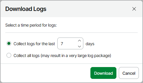 A "Download Logs" dialog box is displayed. It prompts the user to select a time period for logs: either "Collect logs for the last [7] days" (selected, with a number input) or "Collect all logs (may result in a very large log package)." At the bottom are "Download" (highlighted green) and "Cancel" buttons.