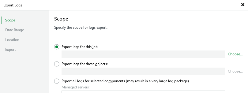 The "Export Logs" window is open to the "Scope" step. Options are provided to specify the scope for logs export: "Export logs for this job" (selected), "Export logs for these objects," and "Export all logs for selected components (may result in a very large log package)." Each option has a corresponding field and "Choose..." button for selection. The navigation steps on the left include Scope, Date Range, Location, and Export.