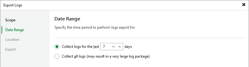 The "Export Logs" window is on the "Date Range" step. Options are provided to specify the time period for logs export: "Collect logs for the last [7] days" (selected, with a number input) and "Collect all logs (may result in a very large log package)."