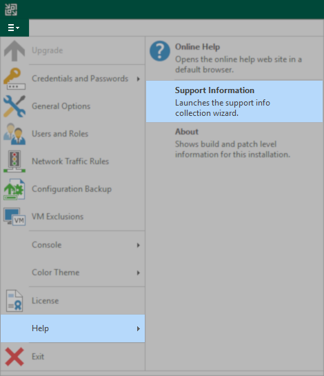 The image shows the main menu of Veeam Backup & Replication opened and the Help section expanded, a mouse hovers over the Support Information menu option.
