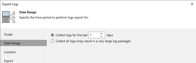 The image displays the Date Range options of the Export Logs wizard