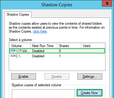Create Shadow Copy on System REserverd