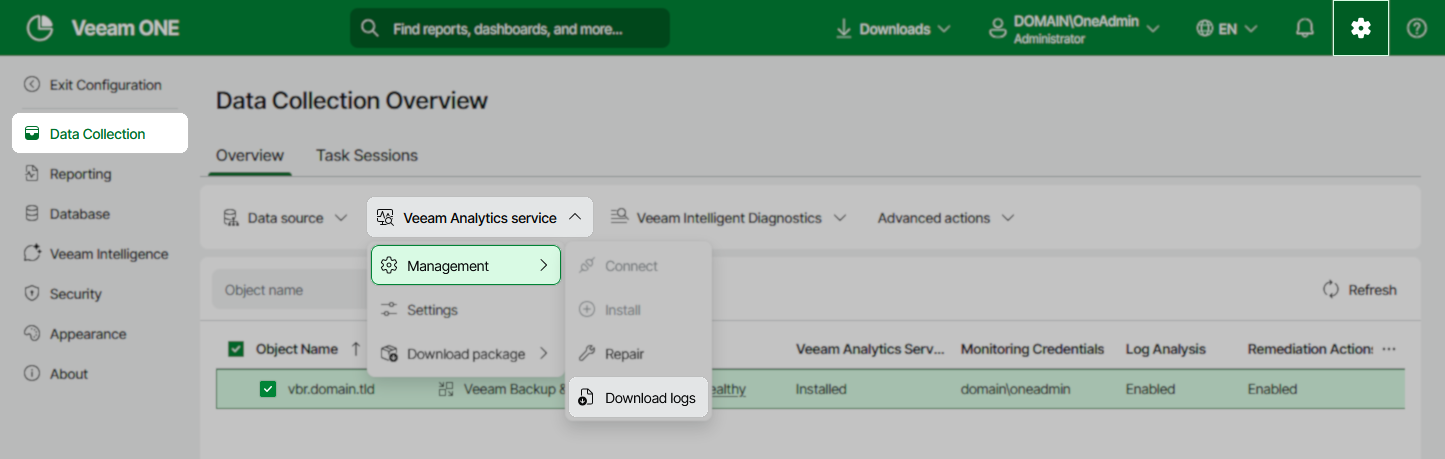 The Veeam ONE interface is open to the "Data Collection Overview" under "Data Collection." A context menu for the "Veeam Analytics service" is expanded, with "Management" highlighted. The "Download logs" option is visible below. The object "vbr.domain.tld" is selected in the data table, showing log analysis and remediation actions as enabled. The logged in user is "DOMAIN\OneAdmin."