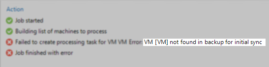 Screenshot of Failed to create processing task for VM VM Error: VM [VM] not found in backup for initial sync  