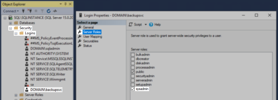 Screenshot showing sysadmin role assigned