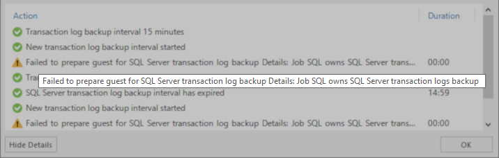 Failed to prepare guest for SQL Server transaction log backup Details: Job SQL owns SQL Server transaction logs backup