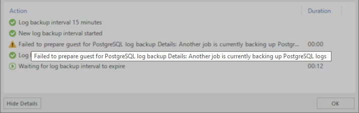 Failed to prepare guest for PostgreSQL log backup Details: Another job is currently backing up PostgreSQL logs