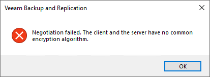 Negotiation failed. The client and the server have no common encryption algorithm. 