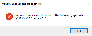 Network name cannot contains the following symbols: ~`!@#$%^&*+=;'><|?*:"