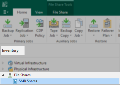 Screenshot of veeam console showing the inventory page with the Files Shares section expanded to show SMB shares.