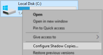 screenshot of open configure shadow copies