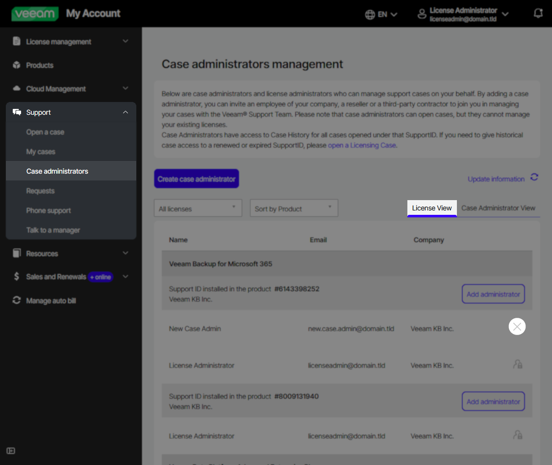 Veeam "Case administrators management" page in License View, showing a list of products and associated case administrators. A delete (X) icon is visible for removing a case admin from a specific contract.