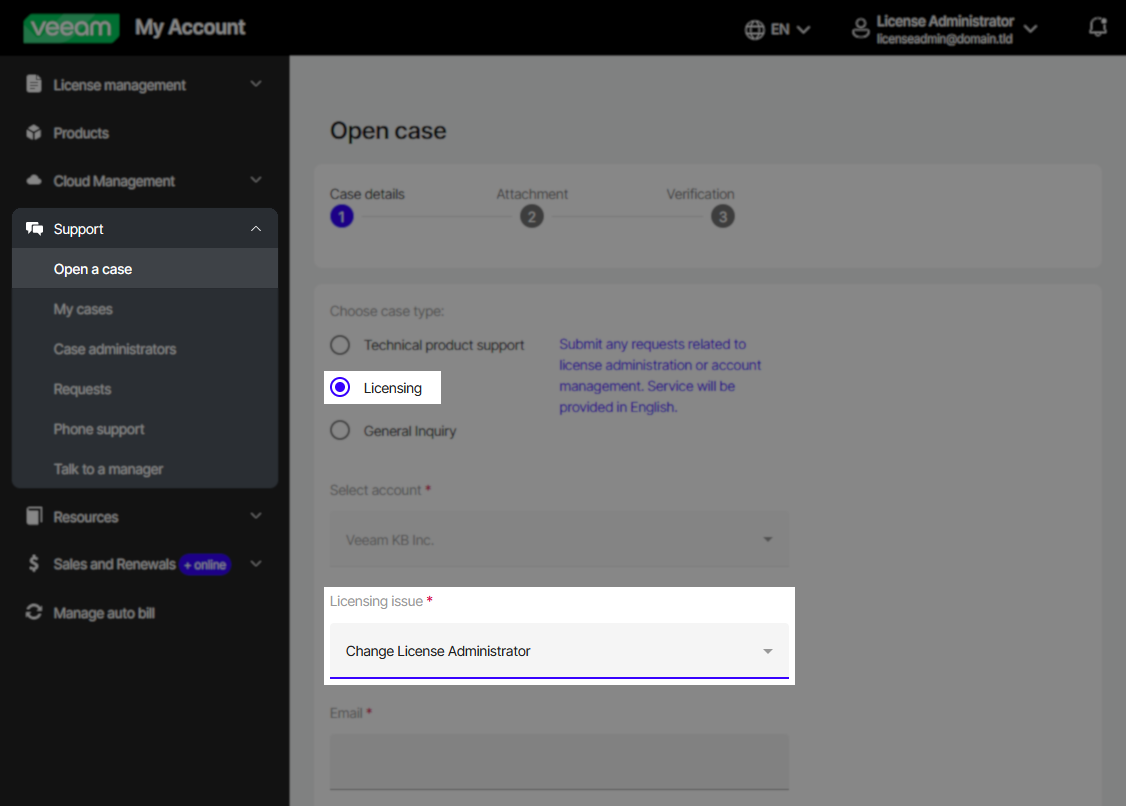 Veeam "Open case" page with "Licensing" selected as the case type. The "Licensing issue" dropdown is open, with "Change License Administrator" highlighted as the selected issue.