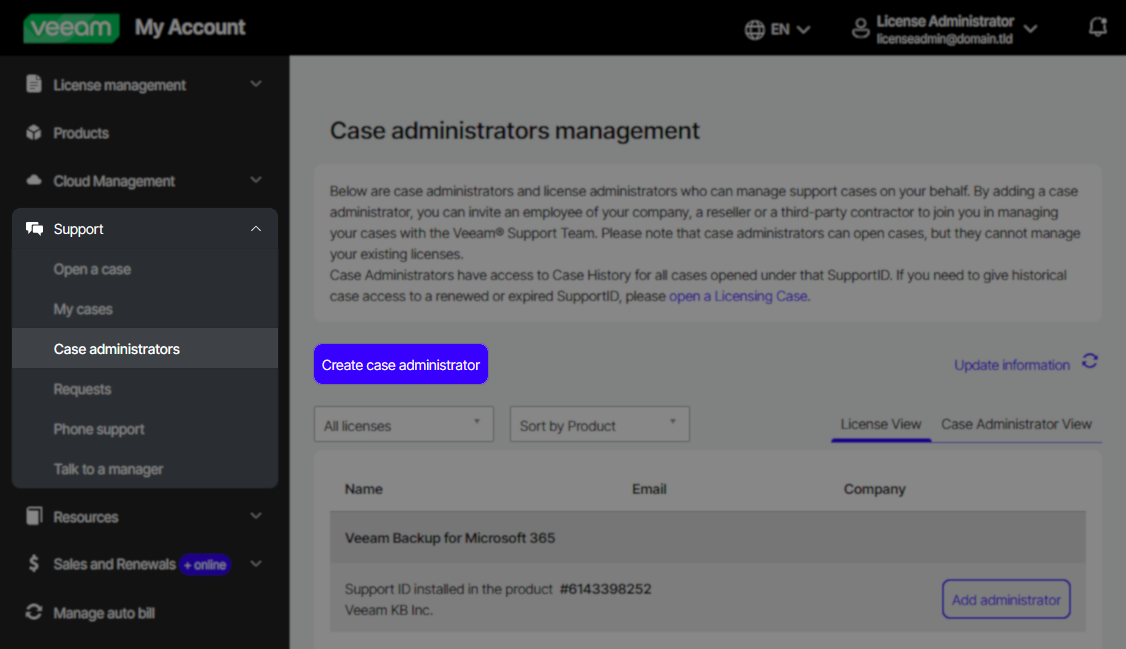 Veeam "Case administrators management" page with the "Create case administrator" button highlighted. The sidebar shows "Case administrators" selected under "Support." The page describes case administrator roles and provides options to view and add administrators.